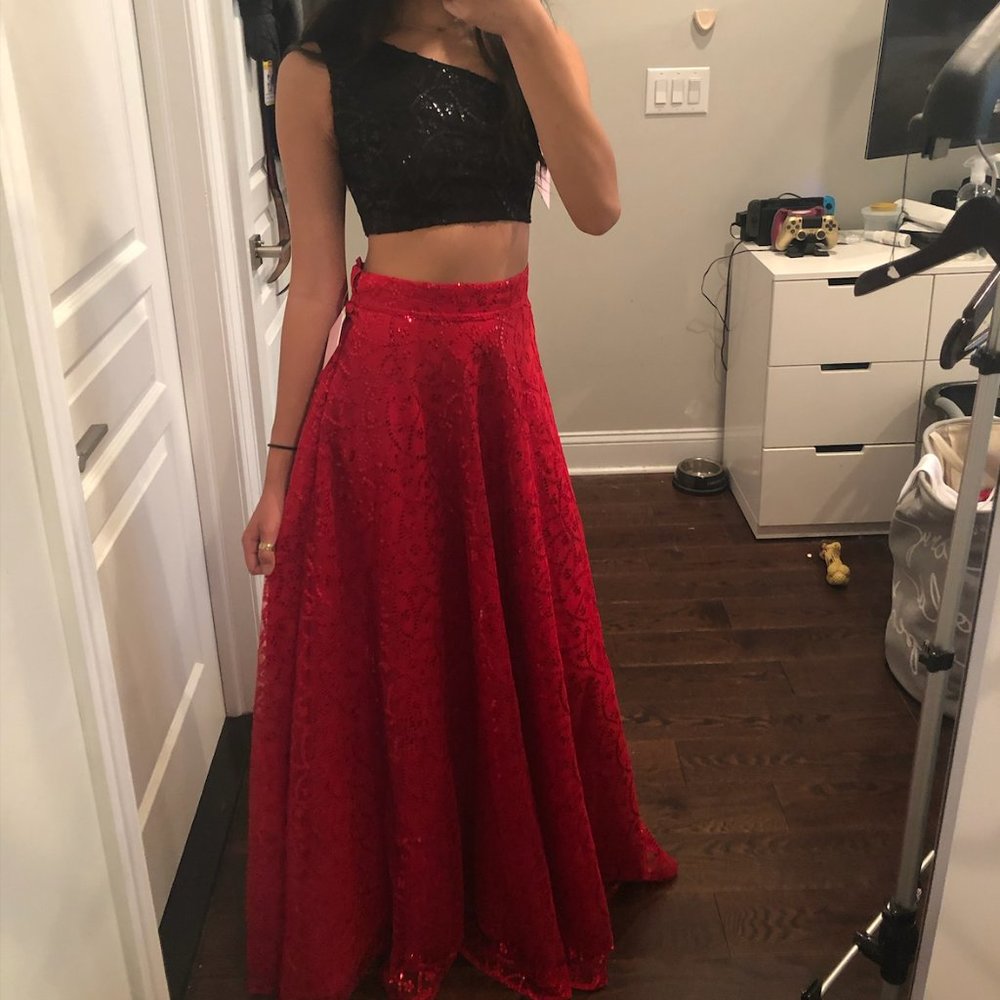 The Saree Room Red Lehenga Skirt + One Shoulder Top